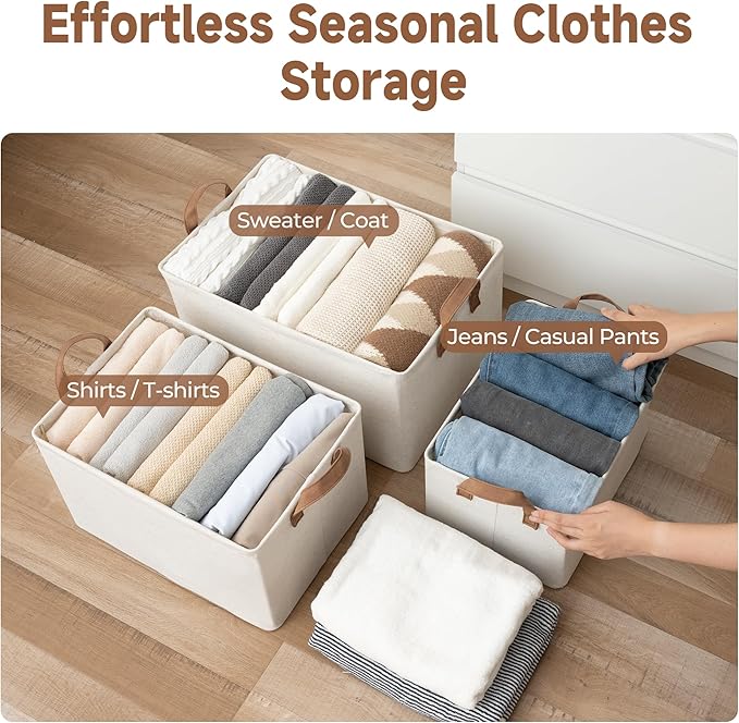 StorageWorks Storage Bins, Shelves Baskets for Organizing, Large Fabric Closet Organizers with Handles, Metal Frame, Beige（Cotton-linen）, 2-Pack