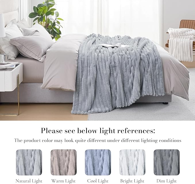 Amélie Home Faux Fur Throw Blanket for Couch, Cozy Fuzzy Fluffy Fur Luxurious Soft Striped Plush Gift Blankets for Family Sofa Chair Bed Living Room Bedroom, 55"x70", Light Grey