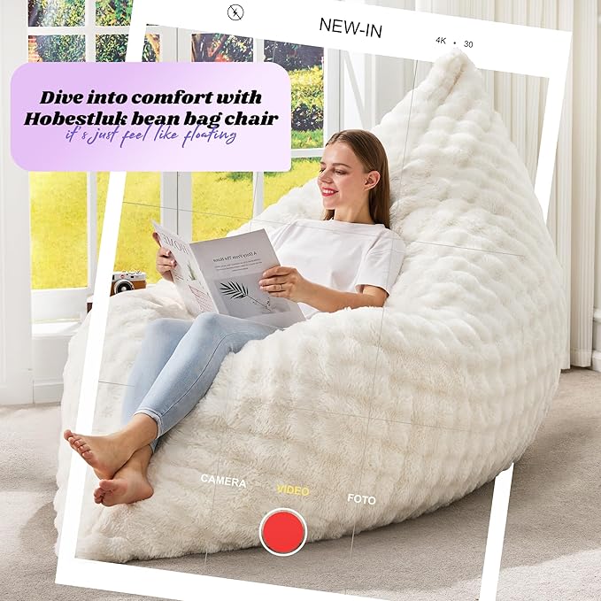 Hobestluk 3 in 1 Bean Bag Chair Giant Bean Bag Chairs for Adults with Bubble Cover Convertible Bean Bag Floor Cushion with Machine Washable Cover for Living Room (Bubble White)