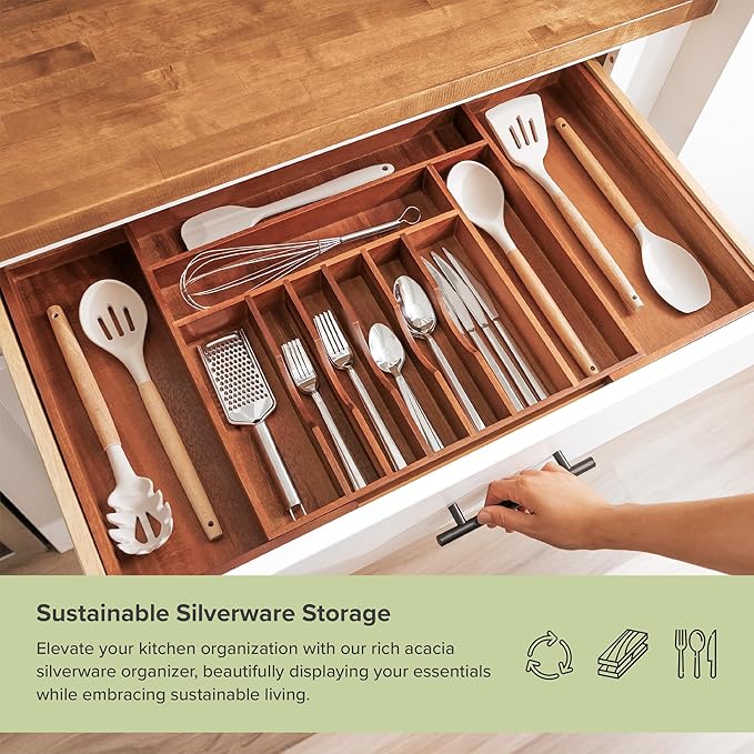 Premium Silverware, Flatware and Utensil Organizer for Kitchen Drawers, Food-Safe Contract Grade, Expandable from 18 to 33 In, Natural Acacia
