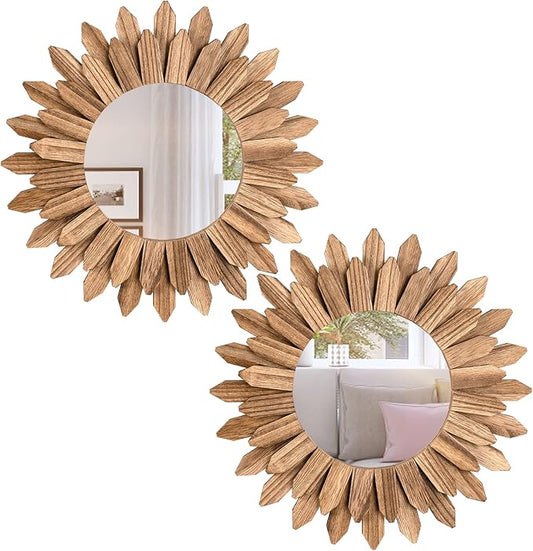 Honiway Boho Wall Decor Mirror 2 Pack Rustic Wood Mirror 12 inch Boho Mirror Home Decor Farmhouse Room Decorations for Bedroom Living Room Carbonized Black
