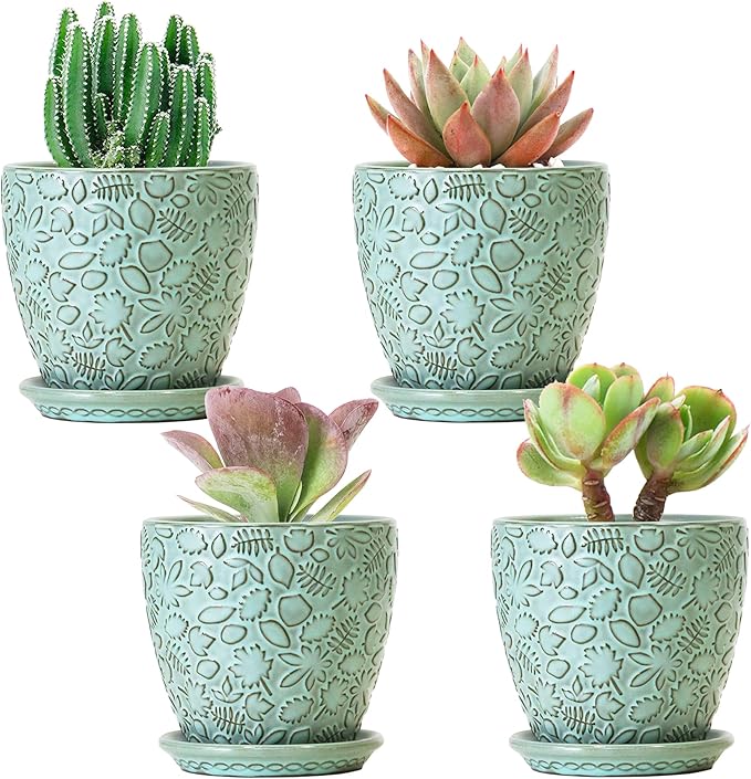 Succulent Planter for Indoor Plants, 4 Inch Small Ceramic Plant Pot with Drainage Holes and Saucers, Flower Pots for herb - Set of 4