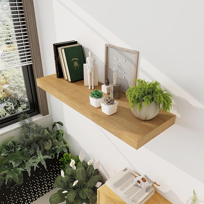 Floating Shelves 36 Inch Long, 12 Inch Deep Floating Shelves for Wall, 36 x 12 Shelves for Wall Storage & Display, 2" Thick Floating Shelf for Bathroom, Living Room, Bedroom, Oak Color, Set of 1
