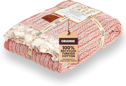 Gold Case Throw Blanket for Couch – 100% Recycled Turkish Cotton Blankets & Throws – Elegant Decorative Throw Blankets for Living Room Sofa – Woven Throws for Couch – Vintage Orange – 60x80