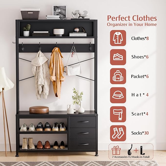 Lulive Hall Tree with Bench and Shoe Storage, 31.5" Coat Rack Freestanding with 2-Tier Storage Shelf, 6-in-1 Entryway Bench Coat Rack with 12 Hooks and 3 Drawers(Black)
