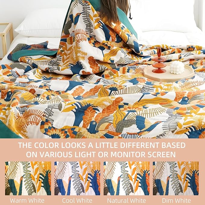 Boho Throw Blanket for Bed - 100% Pure Cotton Ultra Soft Rustic Quilt - Farmhouse Decor Bed Blankets, All Season Rustic Throw for Sofa Couch Chair(60"×80", Floral Bird)