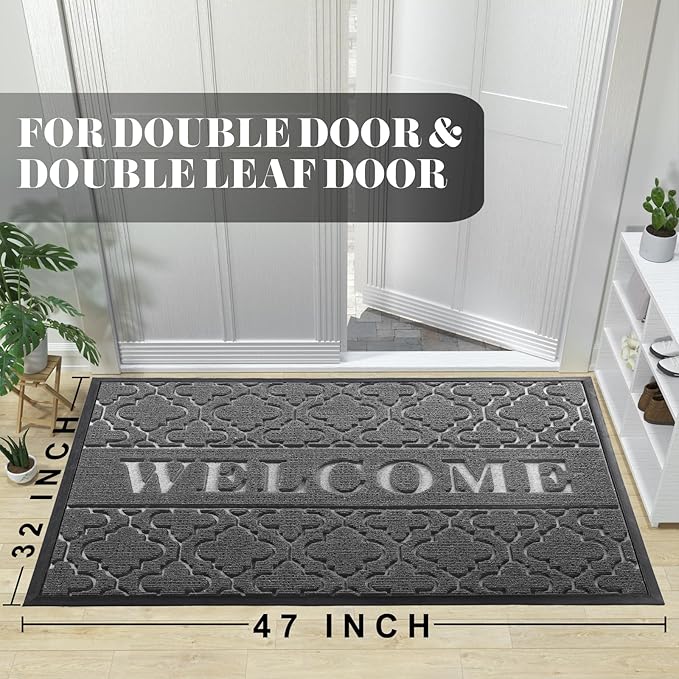 Yimobra Welcome Mat Outdoor Indoor, All-Season Waterproof Front Door Mat Outside Entrance, All-Weather Heavy Duty Non-Slip Doormat, Low Profile Porch Patio Entrance Mats, 47x32, Dark Grey