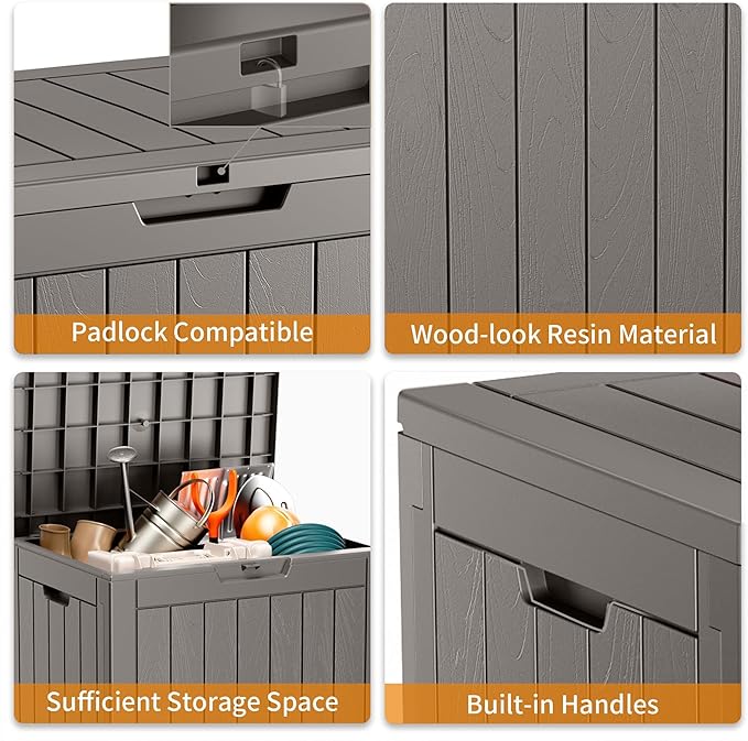31 Gallon Resin Deck Box, Lockable Patio Outdoor Storage Box for Furniture, Garden Tools and Tools Storage, Waterproof Outside Storage Boxes - Grey
