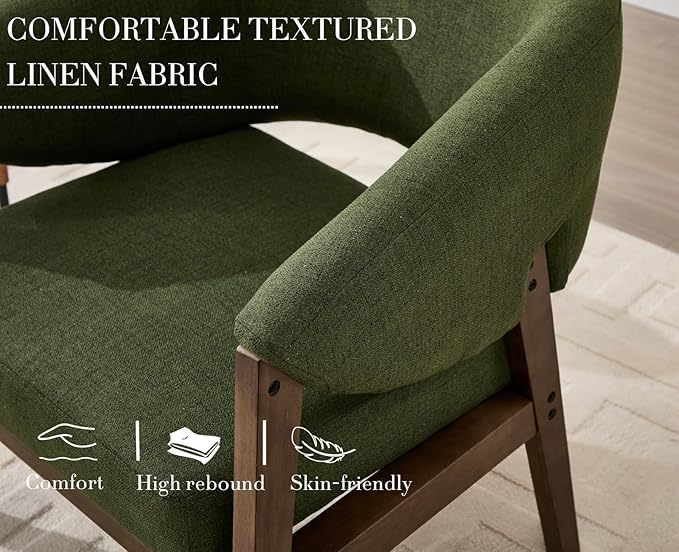 Mid-Century Modern Accent Chair, Comfy Barrel Armchair with Wide Seat, Upholstered Lounge Chair with Walnut Wood Legs for Living Room/Bedroom/Reading Corner, Linen Fabric, Deep Green, 1PC