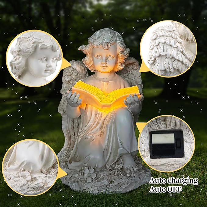Garden Angel Statues for Outside, Solar Angel for Garden with Bible & Cemetery Decorations for Grave, Angel Figurines for Yard Patio Decor & Lawn Ornaments, Gifts for Mom Grandma Women