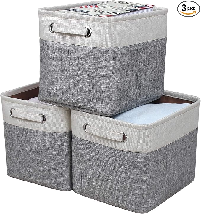 Kntiwiwo Foldable Storage Bin Collapsible Basket 12" x 10" x 9.5" Cube Storage Organizer Bins with Dual Carry Handles for Home Closet Shelves Drawers Organizer, Set of 3, Grey