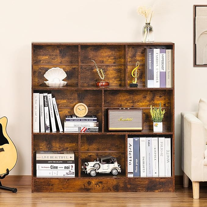 LEYAOYAO 8 Cube Bookshelf with Wood Base, Brown 3 Tier Mid-Century Modern Bookcase,Standing Wide Bookshelves Storage Organizer Shelf,Rustic Display Cabinet Book Shelves for Bedroom,Living Room,Office