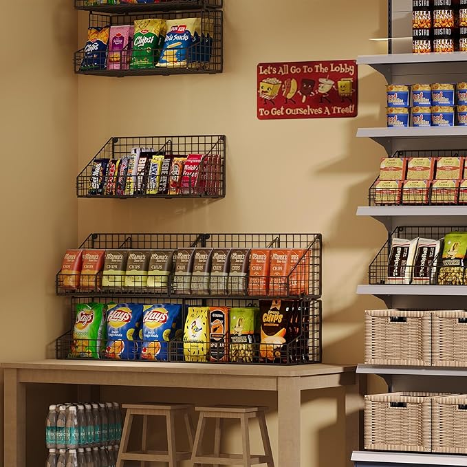 X-cosrack 3 Tier Large Stackable Snack Organizer - Versatile Wall Mounted Wire Storage Basket with Divider for Candy Chip Cans Bars - Ideal for Pantry Office Home