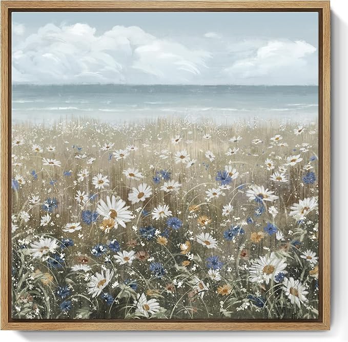 amatop Framed Wall Art Bathroom Décor Boho Beach Coastal Vintage Floral Wall Picture Flower Daisy Flowers by Sea Canvas Print Nautical Small Artwork For Home Farmhouse Living Room Bedroom Office