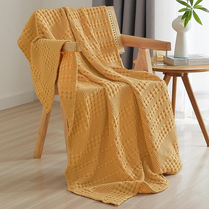 PHF 100% Cotton Waffle Weave Throw Blanket, Soft Lightweight Breathable Cozy Summer Throws for Couch Bed Sofa, Luxury Aesthetic Woven Blanket for Home Decor & Office, 50"x60", Ginger/Honey Yellow