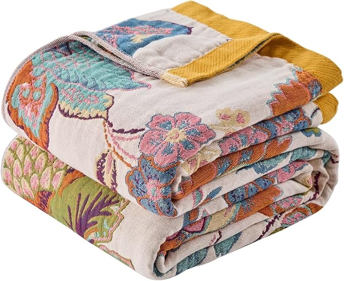 Boho Throw Blanket Reversible Muslin Bohemian Tapestry, Flower Decorated Bohemian Sofa Blanket, Lightweight Breathable 100% Cotton Throw Blanket, Chair Blanket, 50"x60"
