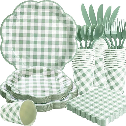 175 Pcs Sage Green Gingham Paper Plates and Napkins Party Supplies - Sage Green and White Checkered Plates Scalloped Plaid Plate for Birthday Dinner Picnic BBQ Party Decorations, Serve 25 Guests