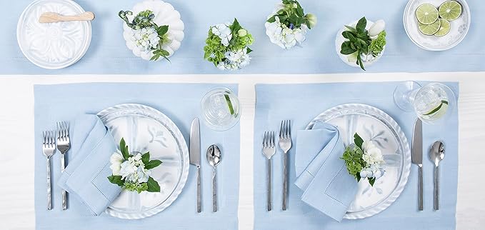 Solino Home Linen Sky Blue Table Runner 36 Inches - Classic Hemstitch, 100% Pure Linen Coffee Table Runner 14 x 36 Inch Ideal for Dresser Tables