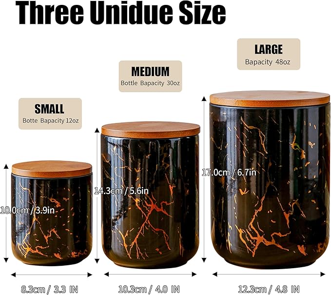 Ceramic Canister Set with Bamboo Airtight Lids, 3-Piece Kitchen Storage Jars (48oz, 30oz, 12oz) – Black with Gold Marble Pattern, Glossy Finish, for Coffee, Sugar, Flour & More