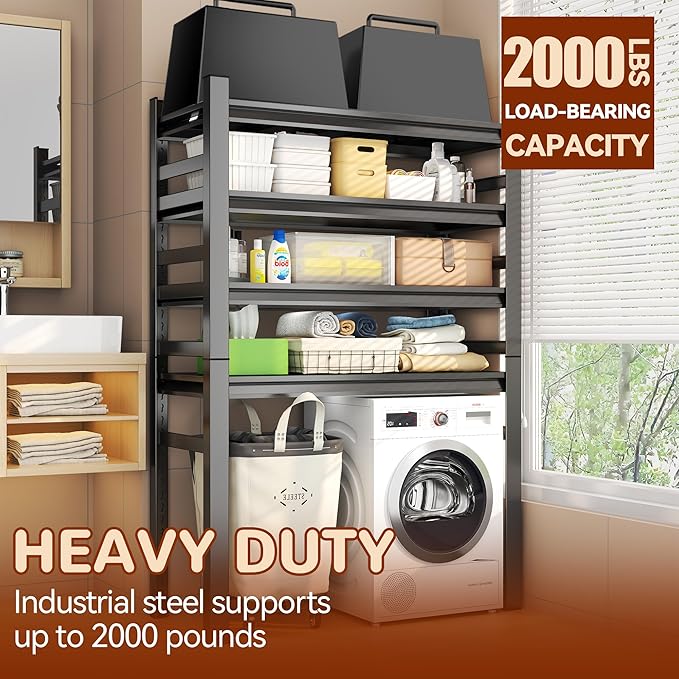 Laundry Shelf,5 Tier Over Washer and Dryer Storage Shelves,Adjustable Easy to Install,Space Saver Laundry Shelf Organizer,Utility Shelves for Balcony,Black,72”H*15.7”D*35.4“W