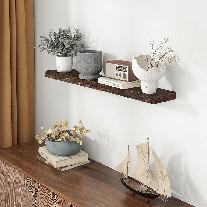 Fun Memories 40" Floating Shelves for Wall, Live Edge Solid Elm Wood Floating Shelf with Invisible Bracket, Wall Mounted Display Wooden Shelves for Bathroom, Kitchen, Bedroom, Walnut Color, Set of 1