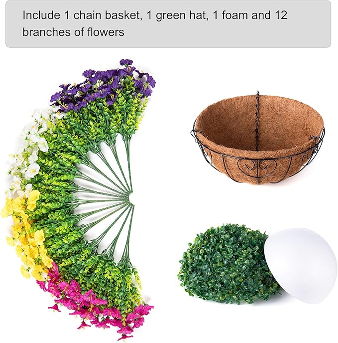 Artificial Faux Hanging Plants Flowers Basket for Spring Summer Outdoors Decoration, Fake Silk Colorful Morning Glory with Eucalyptus Look Real UV Resistant for Outside Porch Patio Balcony Garden Home