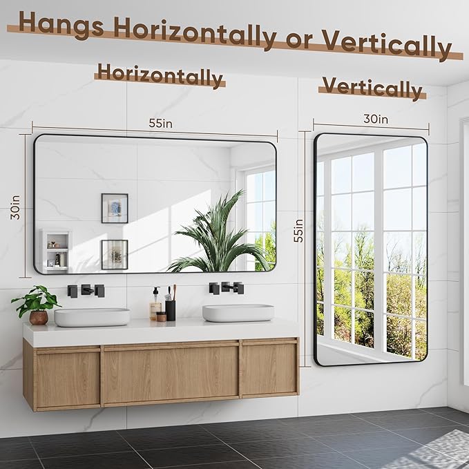 Bathroom Mirror 55" x 30", Large Rectangle Wall Mirror, Black Metal Frame Wall Mounted Mirrors for Bathroom, Vanity, Bedroom, Entryway Decor(Horizontal/Vertical)