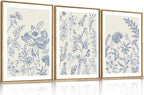HPINUB Classic Chinoiserie Floral Framed Canvas Wall Art Set,Watercolor Blue and White Botanical Flowers Wall Decor,Navy Blue Minimalist Wildflower Art Print for Living Room,Bedroom,Office-24x36x3