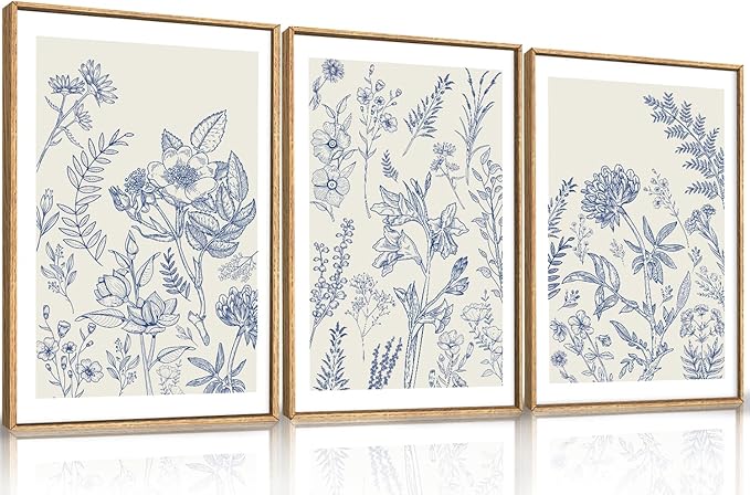 HPINUB Classic Chinoiserie Floral Framed Canvas Wall Art Set,Watercolor Blue and White Botanical Flowers Wall Decor,Navy Blue Minimalist Wildflower Art Print for Living Room,Bedroom,Office-24x36x3