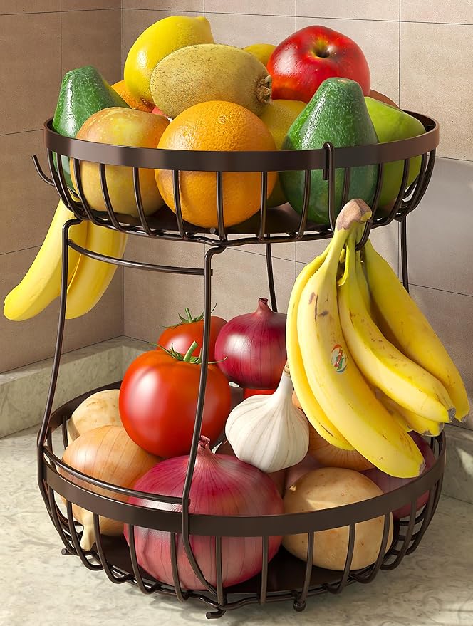2 Tier Fruit Basket for Kitchen Counter with 2 Banana Hangers, Metal Stackable Fruit Bowl for Kitchen Counter for Bread Vegetable Fruits, Brown