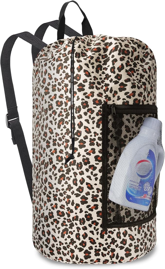 Laundry Bag Backpack Durable Laundry Bag with Shoulder Straps and Mesh Pockets Portable Laundry Dirty Clothes Hamper Bag for College Dorm (Leopard Print)