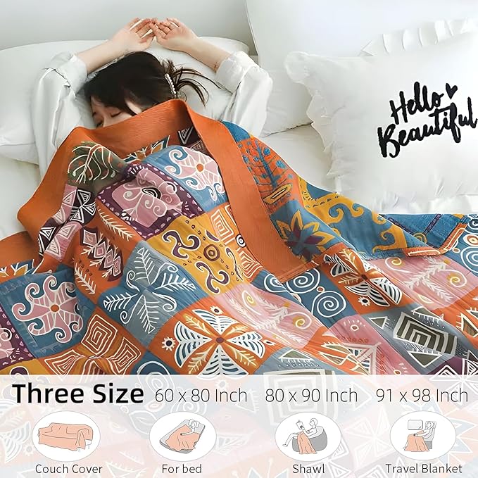 Boho Throw Blanket for Bed - 100% Pure Cotton Ultra Soft Rustic Quilt - Farmhouse Decor Bed Blankets, All Season Rustic Throw for Sofa Couch Chair(80''x 90'', Art Squares)
