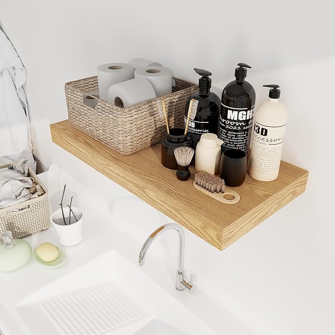 12 Inch Deep Floating Shelves, 24 x 12 Floating Shelf for Books, Rustic Wood Deep Wall Shelves for Home Storage & Display, 2" Thicked Shelves for Kitchen, Living Room, Bedroom, Oak Color, 2 Pack