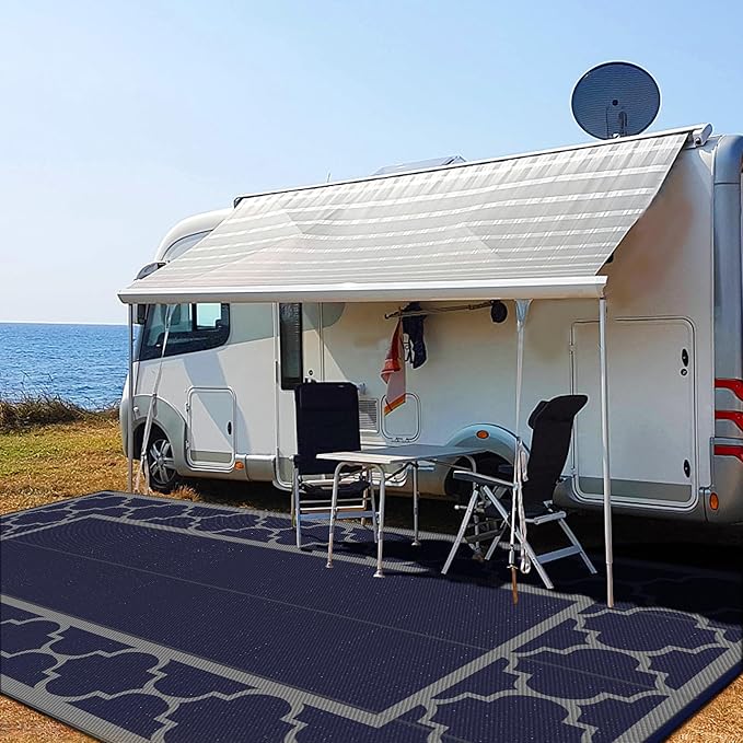 GENIMO 10 'x20 ' Outdoor Rug for Patio Clearance, Waterproof Indoor Outdoor Plastic Straw Rugs Carpet, Reversible Outside Area Rv Mat for Camping, Balcony Porch, Deck, Picnic, Beach (Blue & Grey)