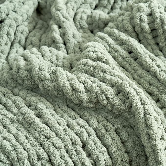 Amélie Home Chunky Knit Throw Blanket for Couch, Soft Chenille Crochet Blanket for Sofa, 50"x60", Sage Green
