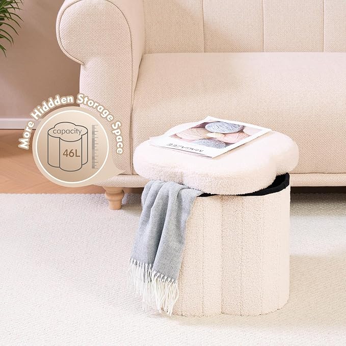 B FSOBEIIALEO Storage Ottoman Cube, Flowers Shaped Ottomans with Storage Foot Stool Footrest, Boucle Ottoman Seat for Dorm Room, Faux Teddy Fur, Cream White 15"x15"x15"