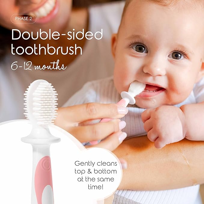 Cherish Baby Care Baby Toothbrush & Toddler Toothbrush Set (0-2 Years) - BPA-Free & Safety-Tested, 2023 Award Winner, Food-Grade Silicone (Pink)