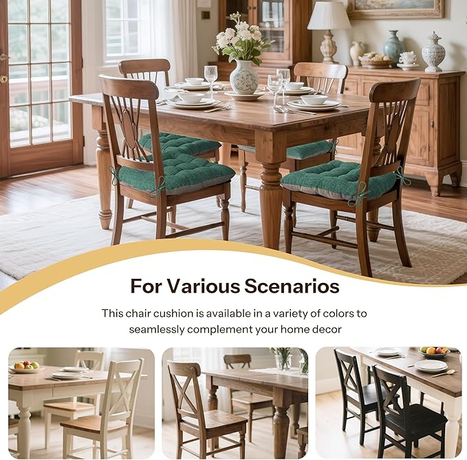 Non Slip Chair Cushions for Dining Chairs Set of 4 Kitchen Chair Cushions 18"x18"x3" Turfted Chair Pads Comfortable and Soft Seat Cushion with Ties, Dark Green