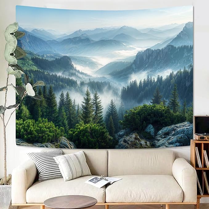 AMM Nature Forest Mountain Tapestry Green Misty Pine Tree Tapestry for Bedroom Aesthetic Foggy Woodlands Sky Landscape Tapestries Wall Hanging for Living Room Dorm 48 x 36 Inch