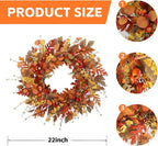 22 inch Artificial Fall Wreaths for Front Door,Autumn Wreath with Large red Berries and Fall Leaves Suitable for Indoor Outdoor Wall Porch Harvest Festival Thanksgiving Day Farmhouse Holiday Decor.