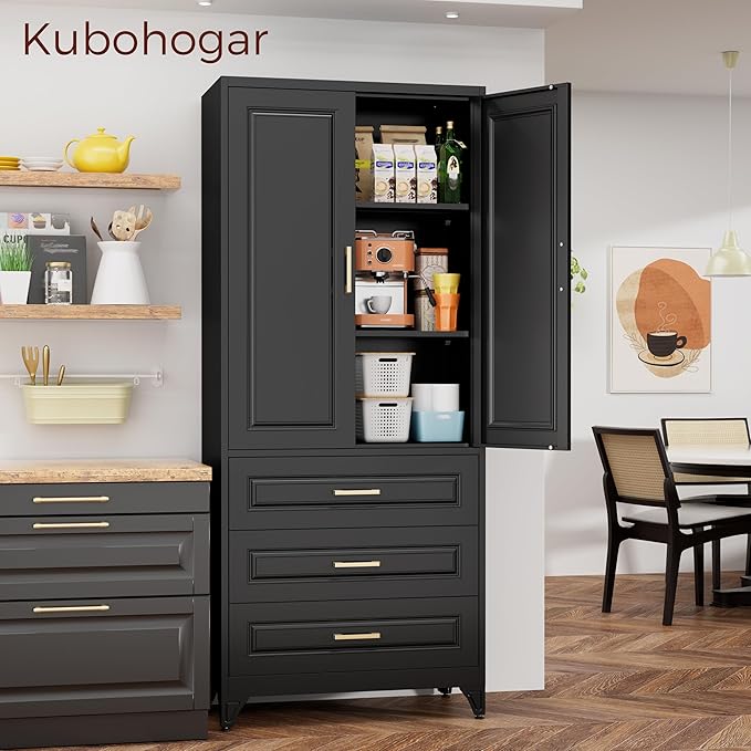 75" Kitchen Pantry Cabinet, Metal Storage Cabinets with Doors and Adjustable Shelves, Black Tall Pantry Cabinet with 3 Drawers for Dinning Living Room