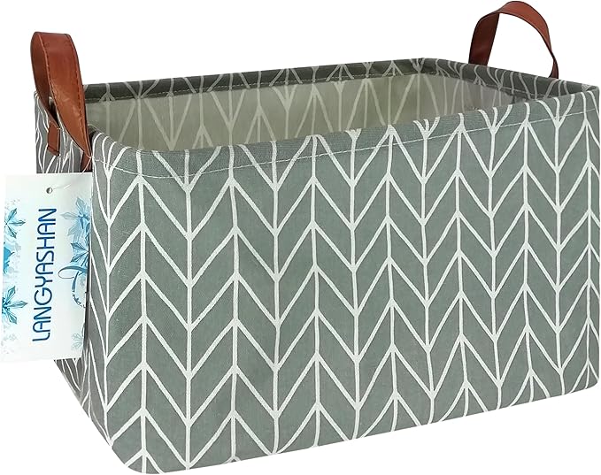 LANGYASHAN Rectangular Storage Bin Collapse Canvas Fabric Cartoon Storage Basket with Handles for Organizing Home Kitchen Boys and Girls Toys Office Closet Shelf Baskets (Rec Grey Point)
