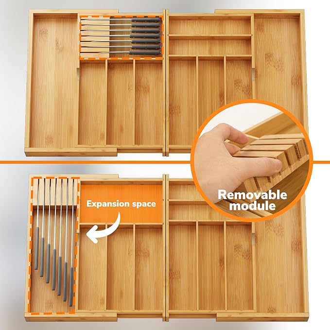 BAMEOS Expandable Silverware Drawer Organizer with Removable Knife Blocks, Bamboo Kitchen Utensil Holder from 21" to 36", Large Cutlery Tray with Divider for Forks, Spoons, Knives