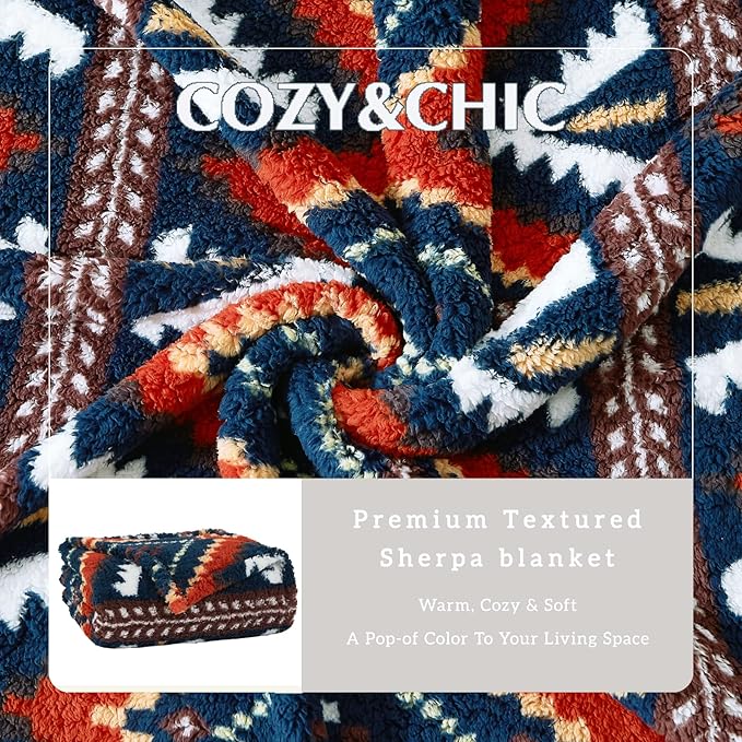 CASAAGUSTO Boho Sherpa Blanket, Aztec Twin Blanket, Ultra Soft, Warm, Cozy, Plush, Thick Fleece Western Blanket for Couch, Bed, Sofa (Navy Blue 60 * 80 Inch)