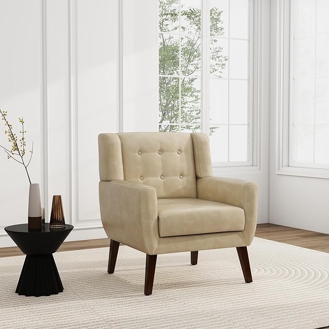 UIXE Faux Leather Accent Chair, Modern Arm Club Chair Upholstered Armchair for Living Room, Comfy Single Sofa Seats Button Tufted Reading Seating, Cream
