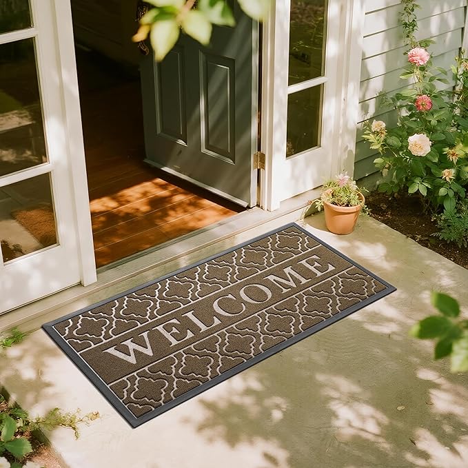 Yimobra Welcome Mat Outdoor Indoor, All-Season Waterproof Front Door Mat Outside Entrance, All-Weather Heavy Duty Non-Slip Doormat, Low Profile Porch Patio Entrance Mats, 47x24, Coffee