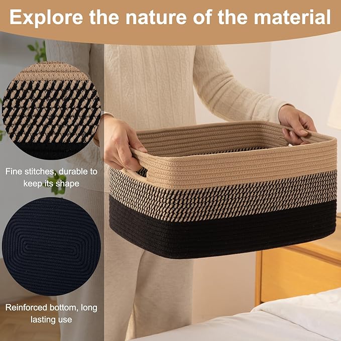 Large Storage Basket for Organizing, Woven Rope Basket for Shelves, Closet Organizer Bins for Clothes, Blanket, Toys, Baby Nursery Storage, 17.7" x 13" x 7.87", 2 Packs Black & Brown