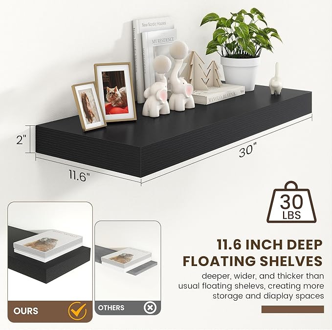 Deep Floating Shelves for Wall | 30 Inch Wide x 12 Inch Black Deep Floating Shelves | 30W x 12D Rustic Wood Wide Wall Shelves | Bookshelf Laundry Shelf TV Shelf