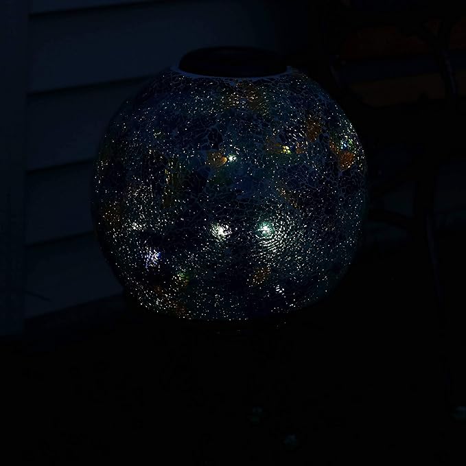 Sunnydaze Azul Terra 10" Crackled Glass Garden Gazing Globe with LED Solar Light - Set of 2