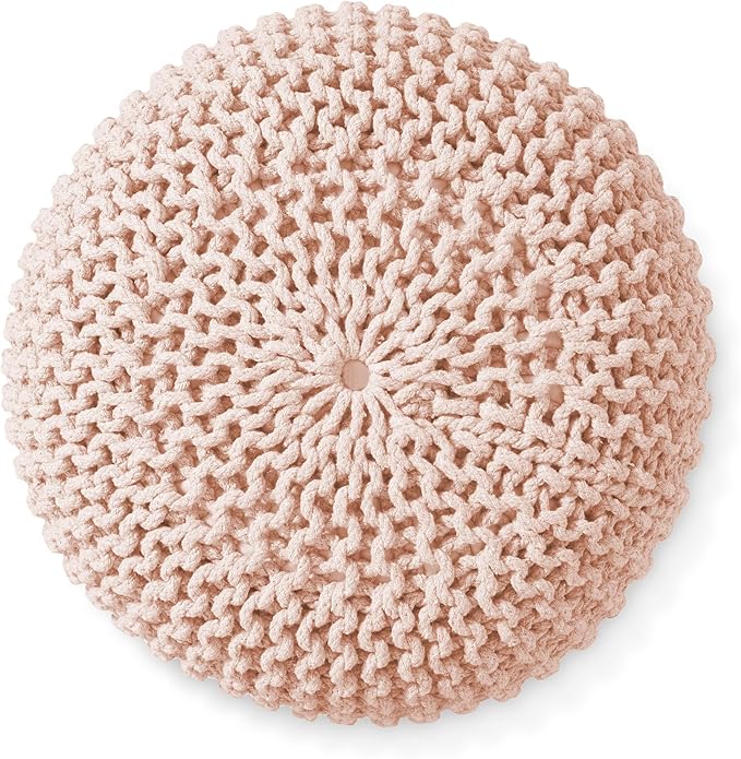 Casafield Round Pouf Ottoman, Light Pink - 20" Diameter x 14.5" High Cotton Knit Foot Stool - Boho Floor Pouffe for Living Room, Bedroom, Home Office